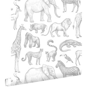 Dekorative Vliestapete mit Dschungeltieren wie Elefant, Zebra, Giraffe in Weiß und Grau. Ideal für Kinderzimmer.