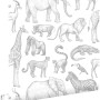 Dekorative Vliestapete mit Dschungeltieren wie Elefant, Zebra, Giraffe in Weiß und Grau. Ideal für Kinderzimmer.