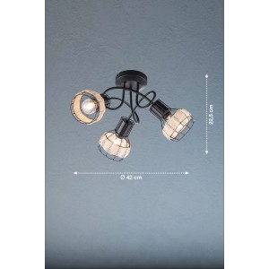 Schwarze Fischer & Honsel Deckenleuchte Straw mit drei Rattan-Lampenschirmen und einem Durchmesser von 42 cm.