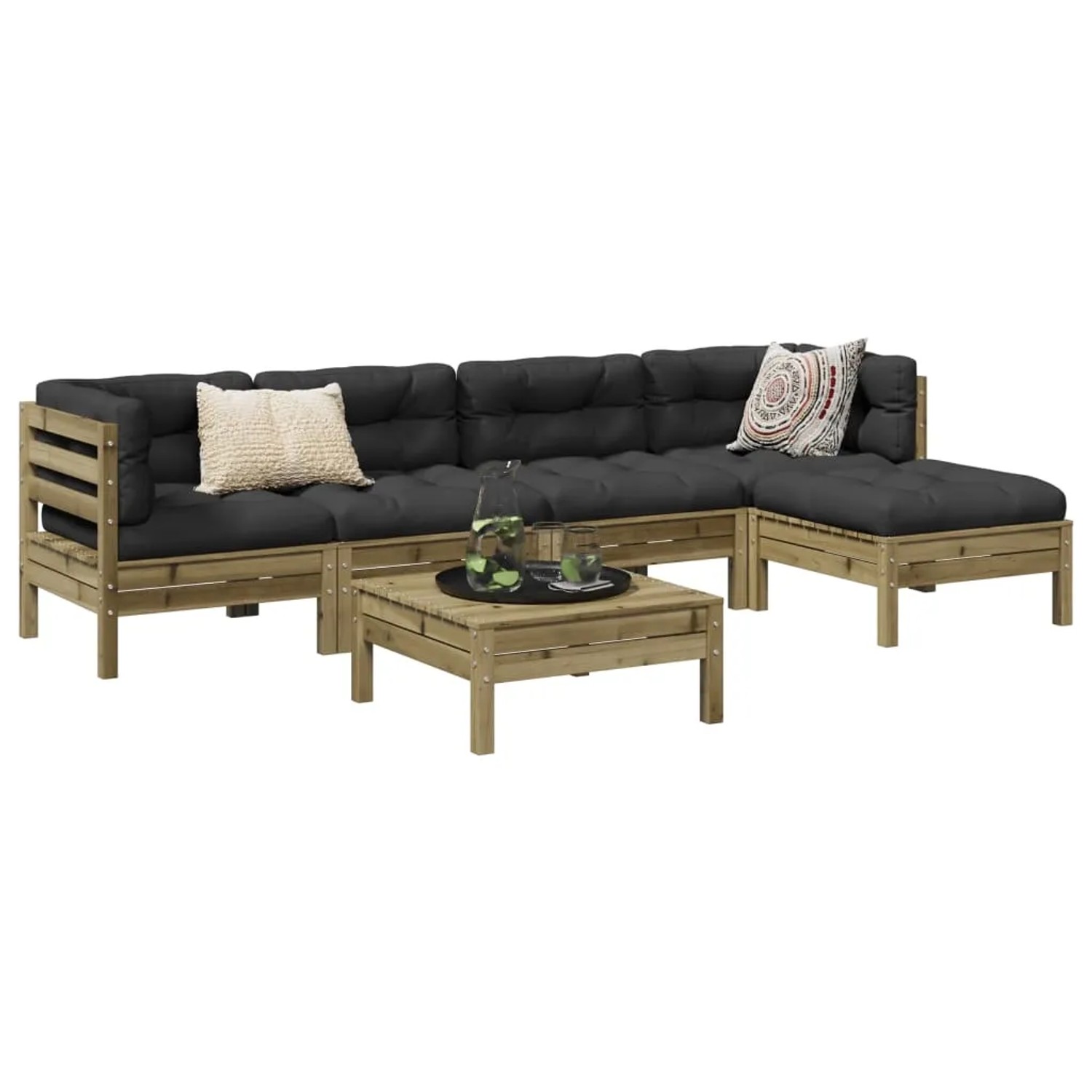 vidaXL 6-tlg. Garten-Sofagarnitur aus imprägniertem Kiefernholz mit anthrazitfarbenen Kissen und Tisch.