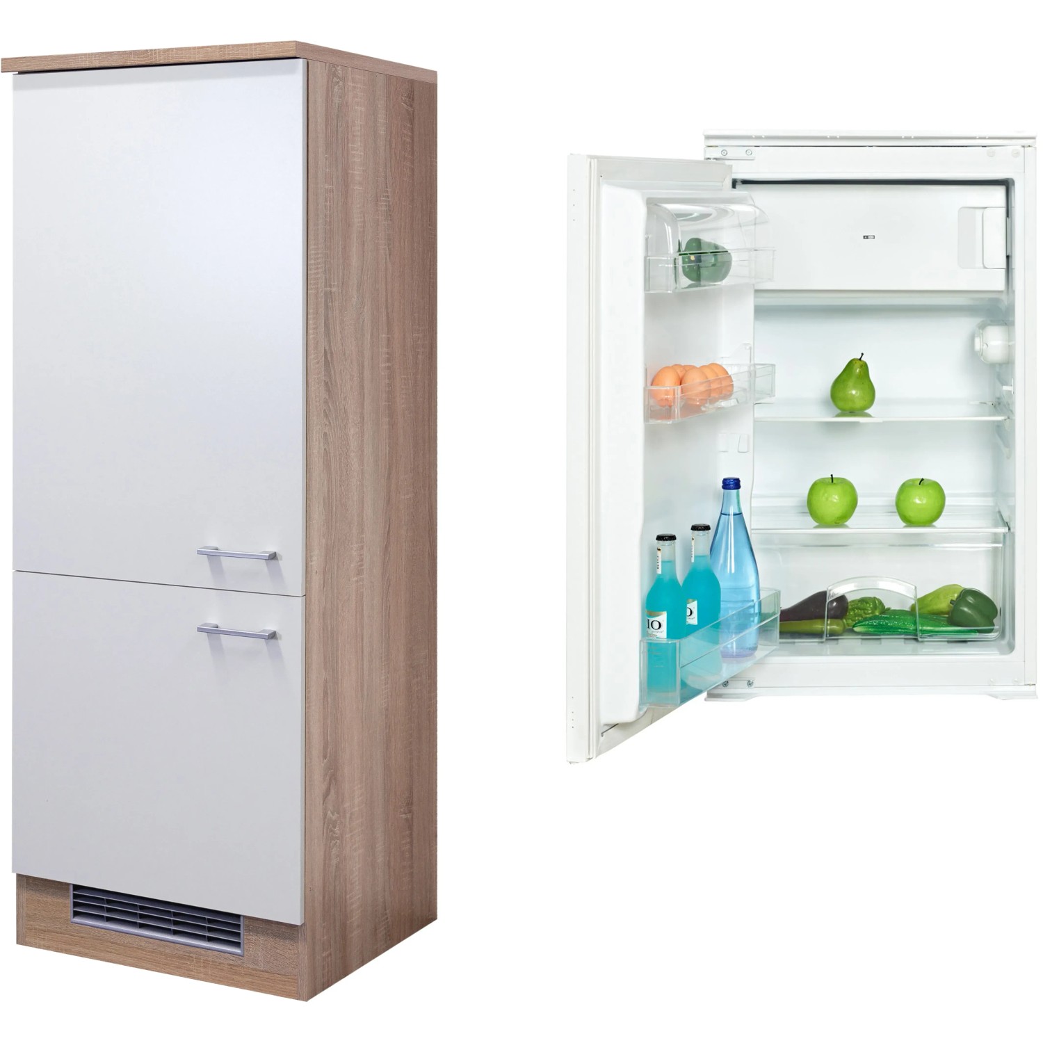 Flex-Well Kühlschrank-Umbau Florida mit PKM KS 120.4A+ EB Einbaukühlschrank, Front Weiß, Korpus Sonoma Eiche.