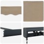 Beige einziehbare Markise aus Stoff und Metall, Details von Tuch, Volant und schwarzem Gestell. Sonnenschutz.