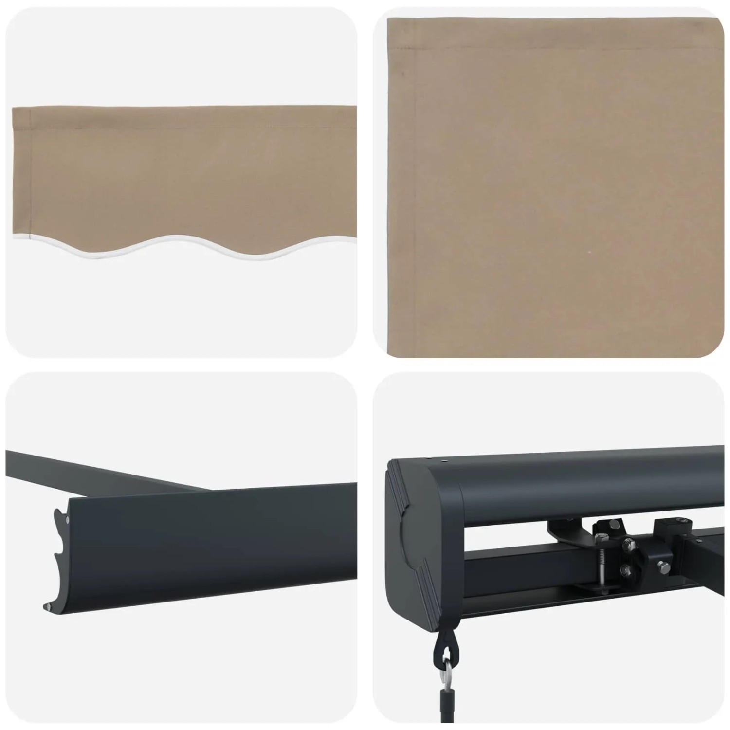 Beige einziehbare Markise aus Stoff und Metall, Details von Tuch, Volant und schwarzem Gestell. Sonnenschutz.