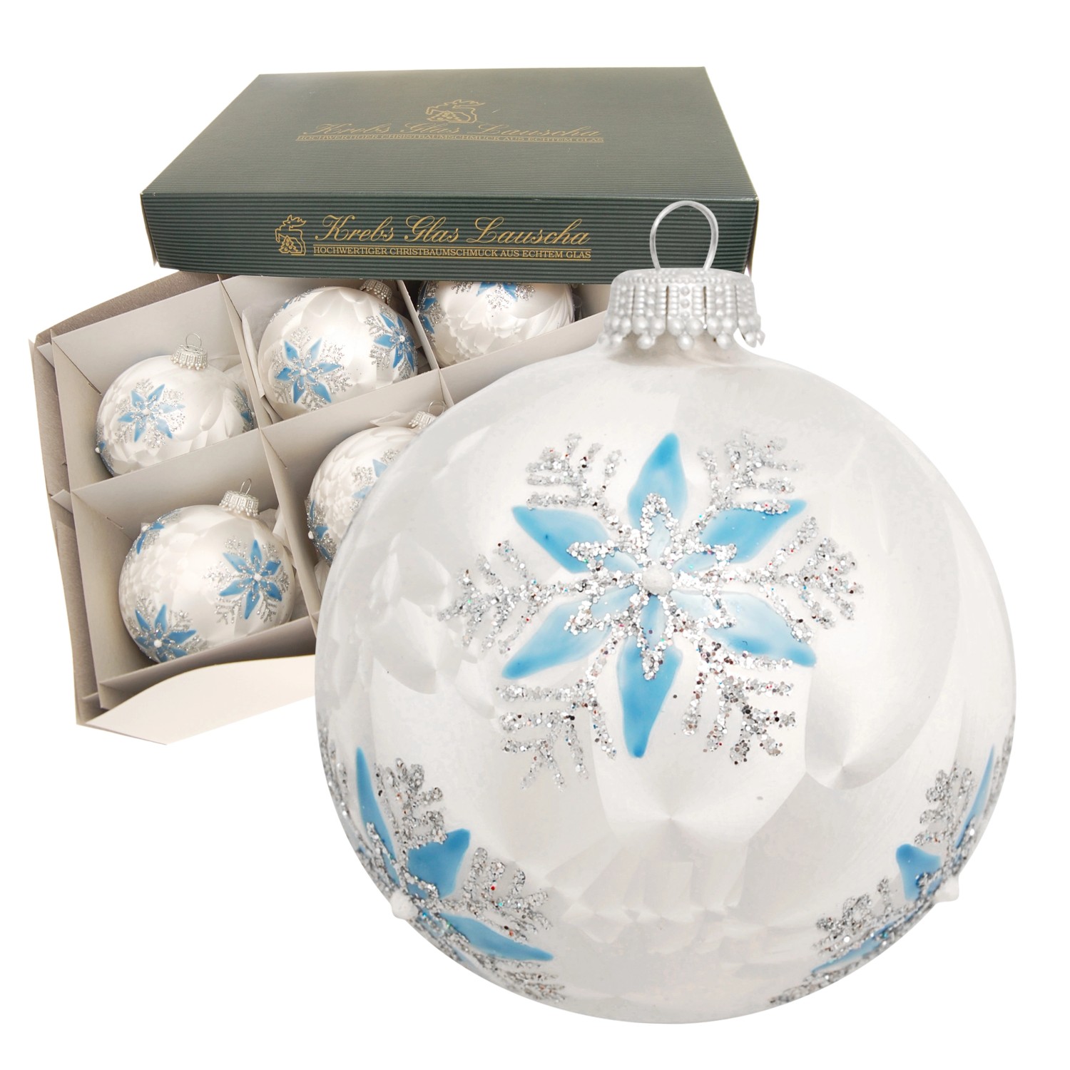 Krebs Glas Lauscha Weihnachtskugeln Eisweiß mit Schneeflocken 6er Set 8cm
