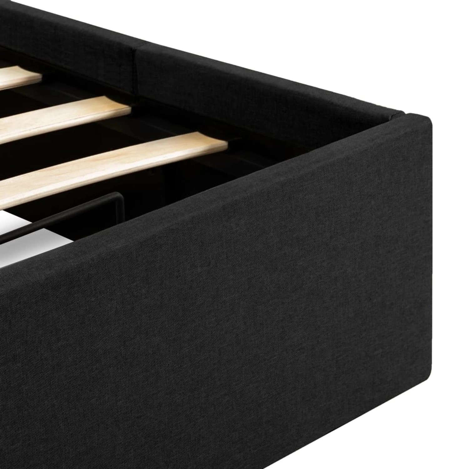 Detailansicht: Dunkelgraues Stoffbett mit Lattenrost und Bettkasten.