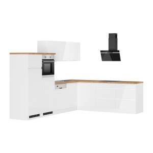 Weiße Held Winkelküche Gera 300 cm mit E-Geräten und Wotan Arbeitsplatte.