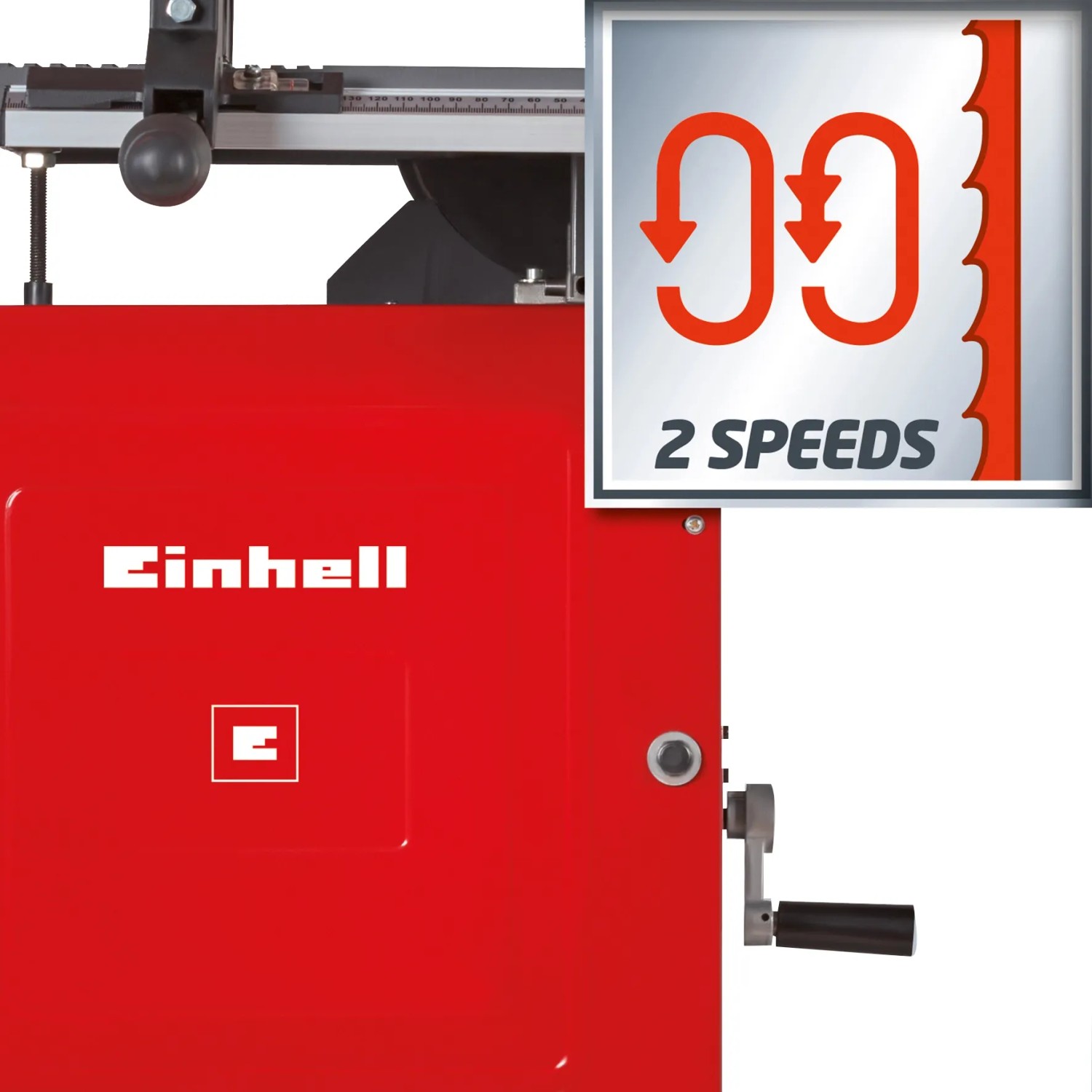 Detailaufnahme der roten Einhell TC-SB 305 U Bandsäge mit 2 Geschwindigkeiten.