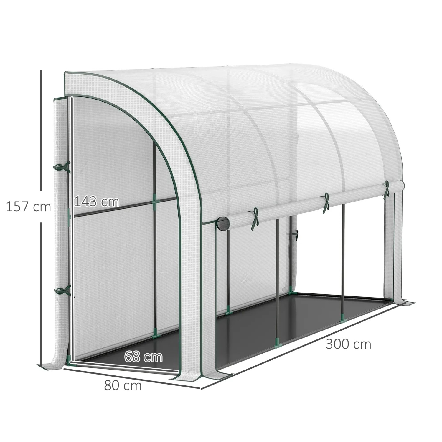 Weißes Outsunny Gewächshaus mit Rolltür, 300x80x157 cm, für Gemüseanbau.