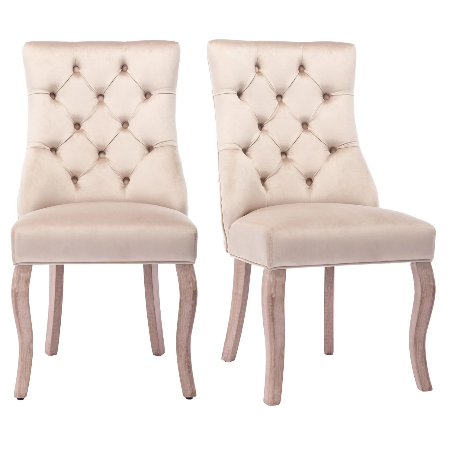 Merax Esszimmerstühle 2er Set aus Samt mit Knopfsteppung und Massivholzbeinen  Beige