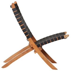 Klappbarer Relaxstuhl aus Echtleder, geflochten, in Schwarz. Ideal für entspannte Stunden.