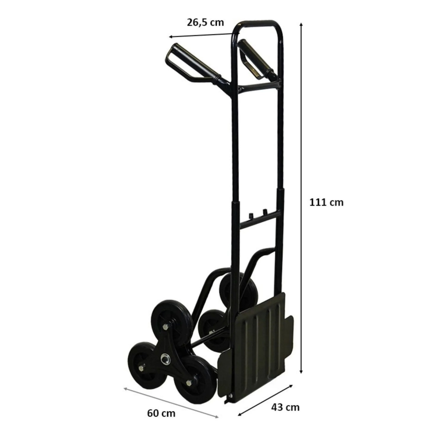 Schwarze Treppensackkarre ODIN mit Hartgummi-Rädern, Tragkraft 200kg, ideal für Werkstatt & Transport.