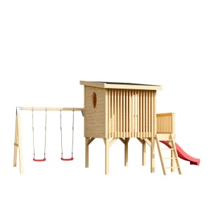 Lasita Schaukel-Set Tivoli mit Spielhaus und Rutsche aus unbehandeltem Holz.