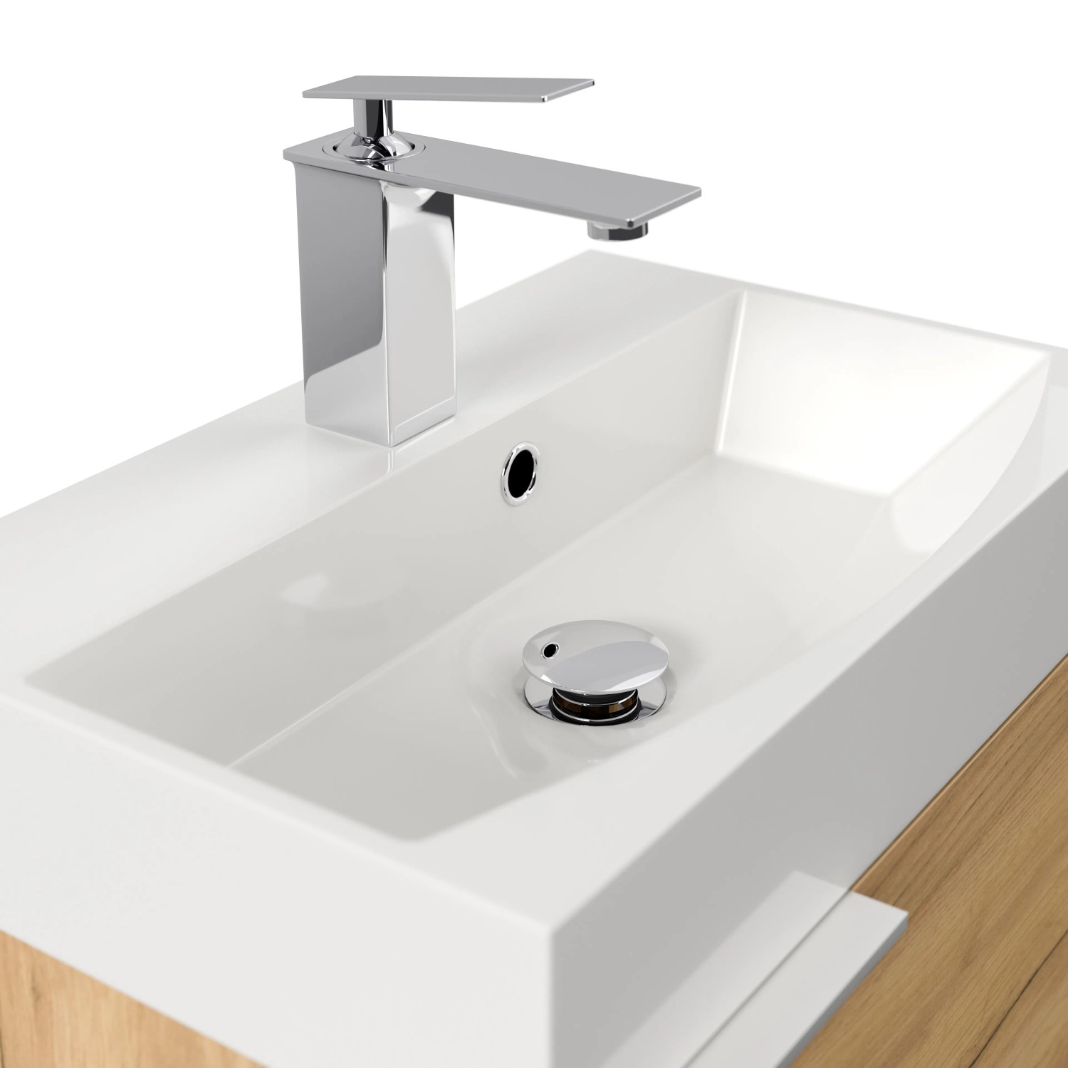 Detailaufnahme: Posseik Badmöbel Cubi Slimline, Eiche Gold, mit Waschbecken und Armatur.