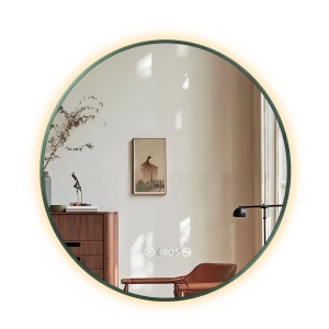 Runder, dunkelgrüner LED Badspiegel, 70 cm, mit Beleuchtung, Antibeschlag, Uhr und Temperaturanzeige.