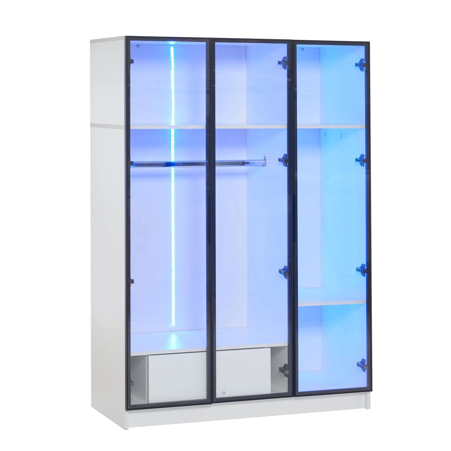 okwish Kleiderschrank mit Glastüren LED Beleuchtung Schlafzimmer 110x50x160cm Weiß