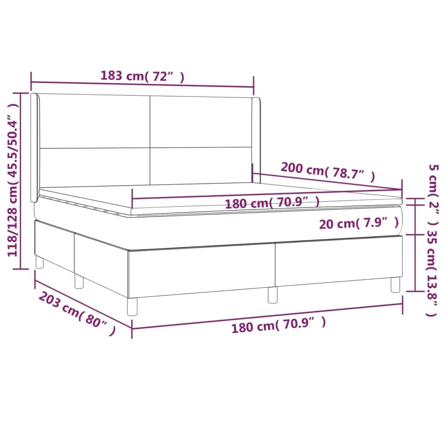vidaXL Boxspringbett Creme 180x200 cm mit Matratze und Kopfteil, Maße eingezeichnet.