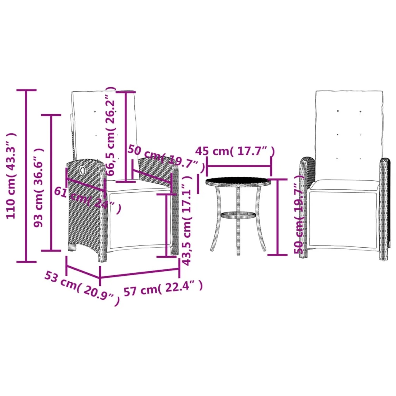3-tlg. Bistro-Set aus Poly Rattan in Beige mit Tisch und verstellbaren Sesseln mit cremefarbenen Kissen.