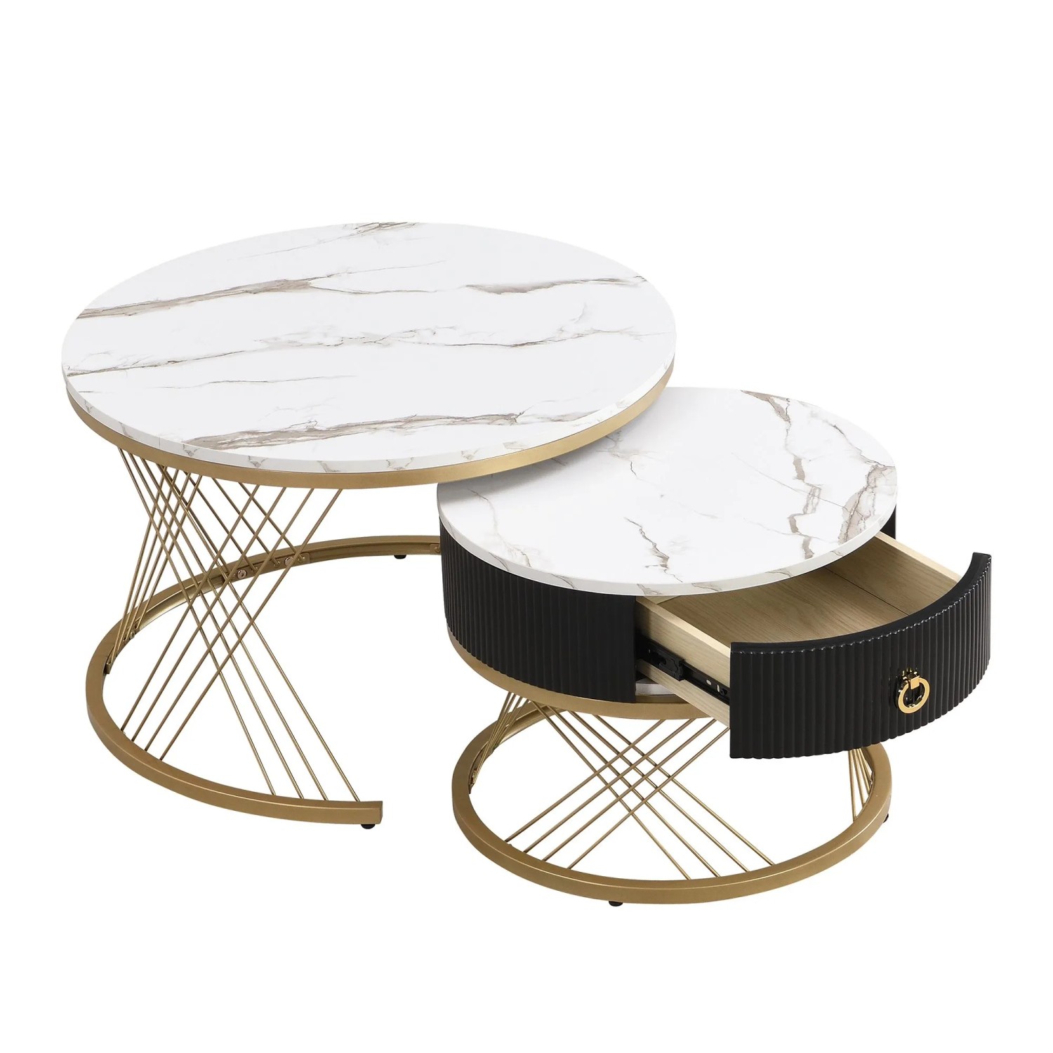 PXloue Couchtisch Set Marmor Optik Gold 2 Stück Mit Schublade Schwarz