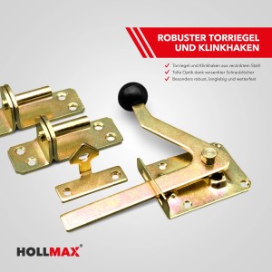Hollmax Beschlagset, feuerverzinkt gelb, für Gartentore: Kloben, Bänder, Torfalle und Schrauben.