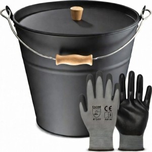 BLACK OAK Ascheeimer FUEGO 10L mit Deckel, Holzknauf und Handschuhen für Kamin & Grill.