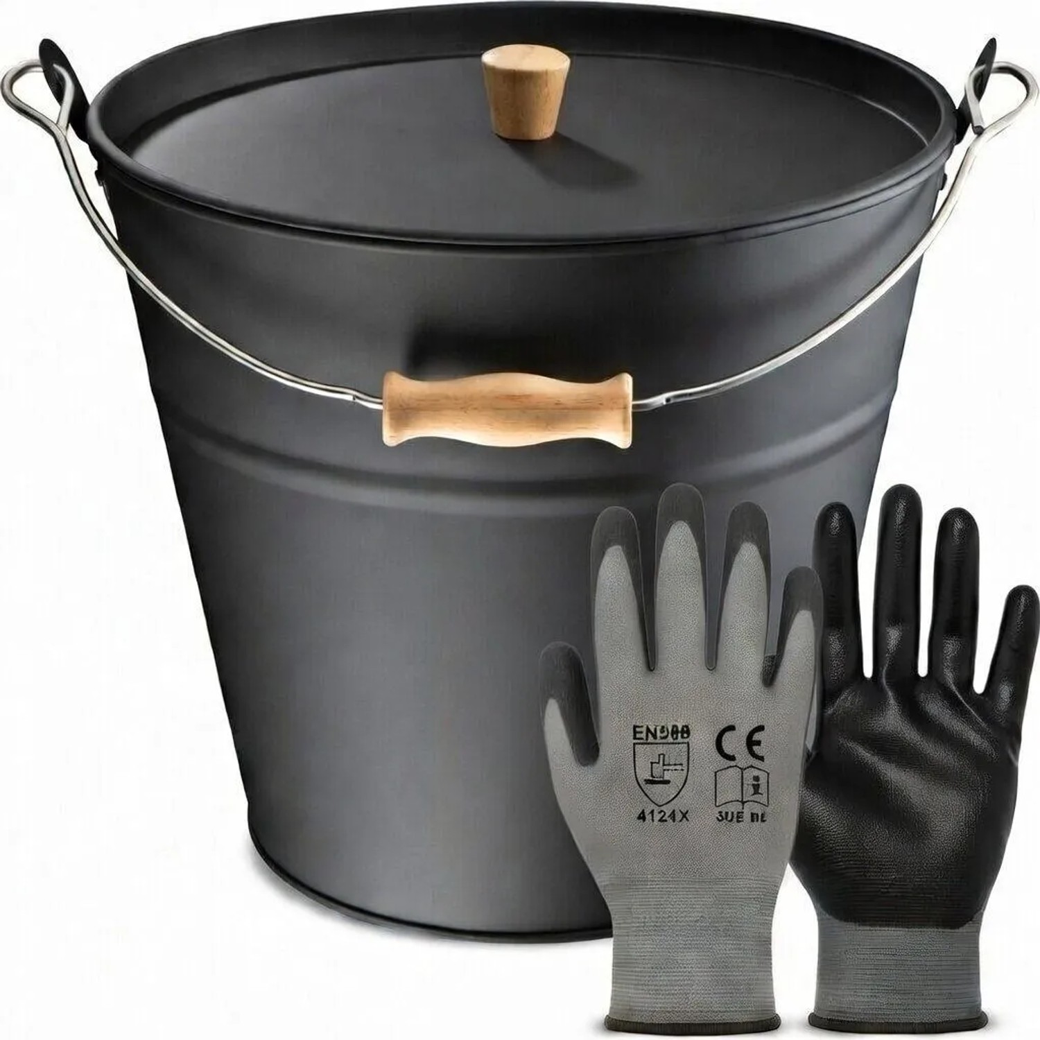 BLACK OAK Ascheeimer FUEGO 10L mit Deckel & Holzknauf – Aschebehälter aus Metall 30×30×29 cm für Kaminofen & Grill, Schw...