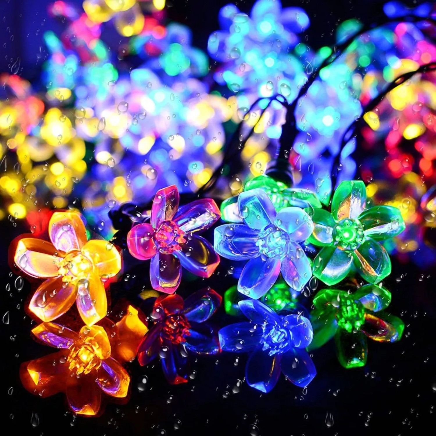 Bunte LED Solar-Lichterkette mit leuchtenden Kirschblüten, wasserfest, für stimmungsvolle Beleuchtung.