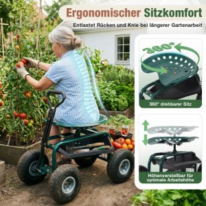Grüner Sekey Garten Rollsitz mit Luftreifen, 360° drehbar, höhenverstellbar. Frau erntet Tomaten, rückenschonend.