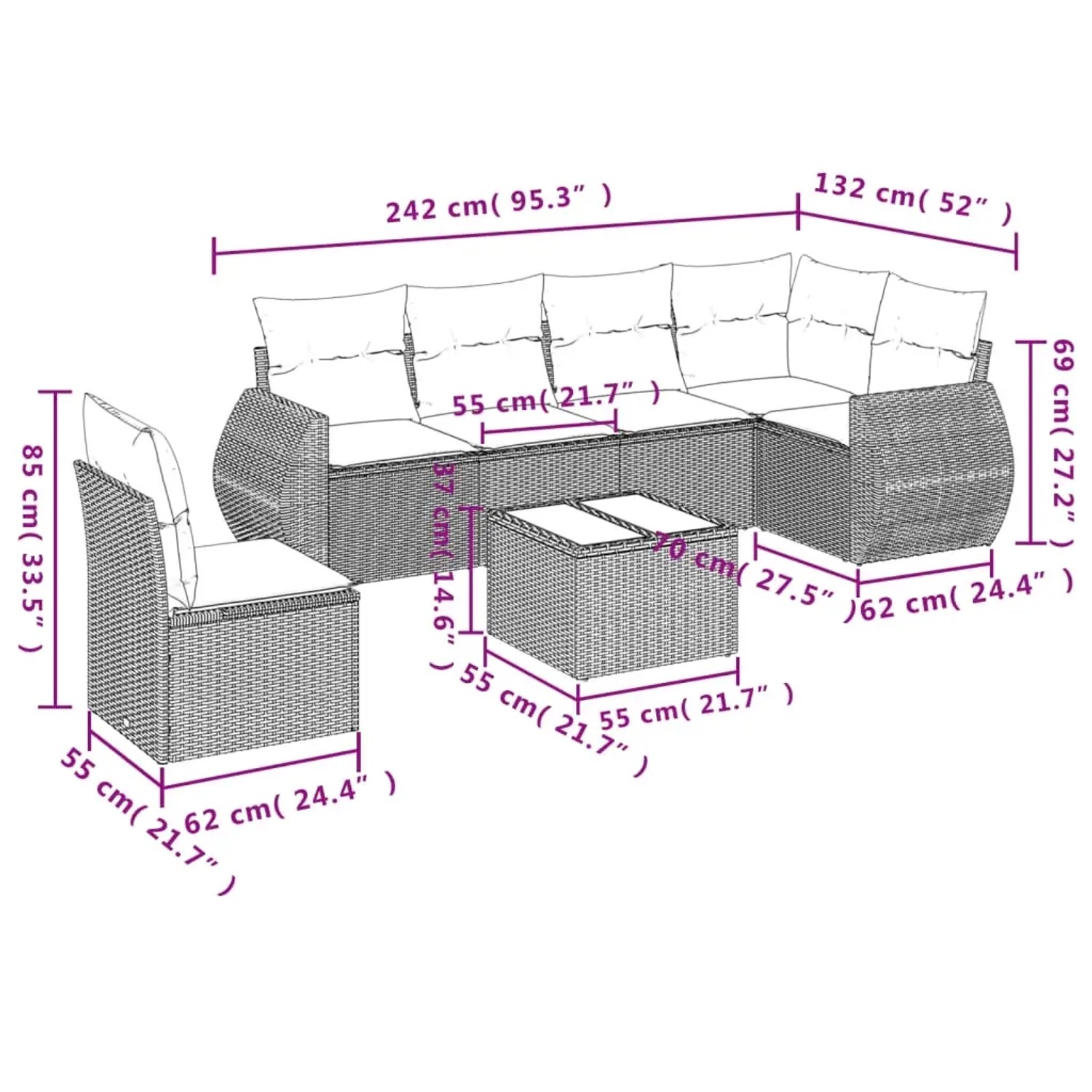 Schwarze 7-tlg. vidaXL Garten-Sofagarnitur aus Polyrattan mit Kissen, Maße eingezeichnet.