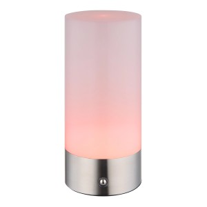 Globo Lex Tischleuchte: RGBW LED, Nickel matt, zylindrischer Schirm, stimmungsvolle Außen-Dekoleuchte.