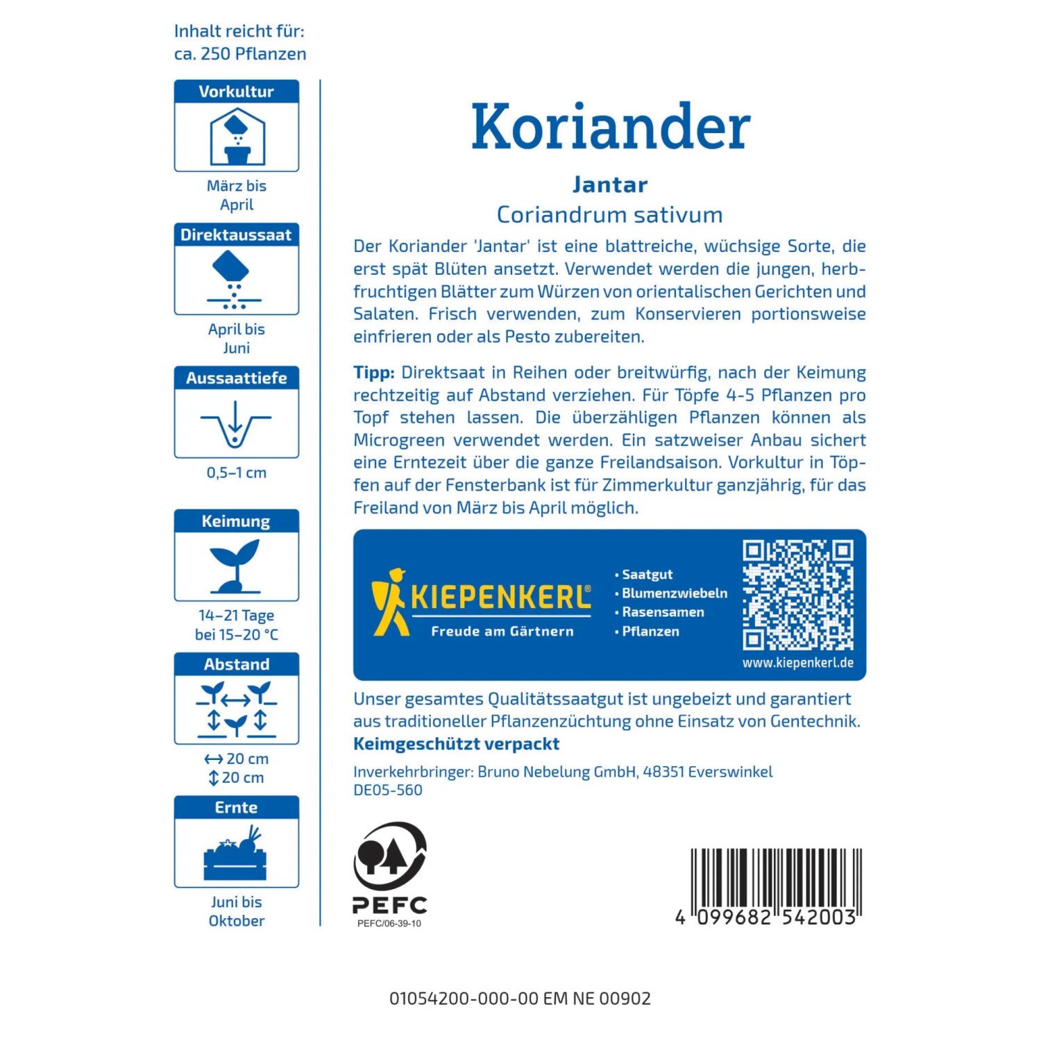 Kiepenkerl Profi-Line Koriander Jantar Samenpackung, Kräutersamen für aromatische Gerichte.