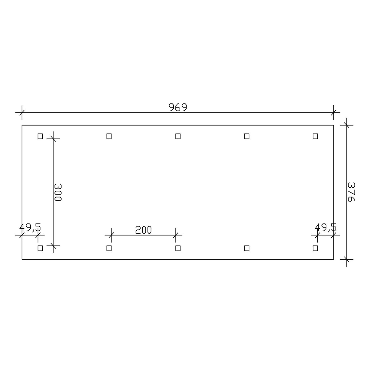 Skizze des Skan Holz Bogendach-Carport Franken (376 cm x 969 cm) mit Maßangaben.