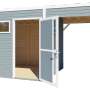 Bertilo Holz-Gartenhaus Cubus 3 Lounge, hellgrau, mit offener Doppeltür und Carport-Anbau.