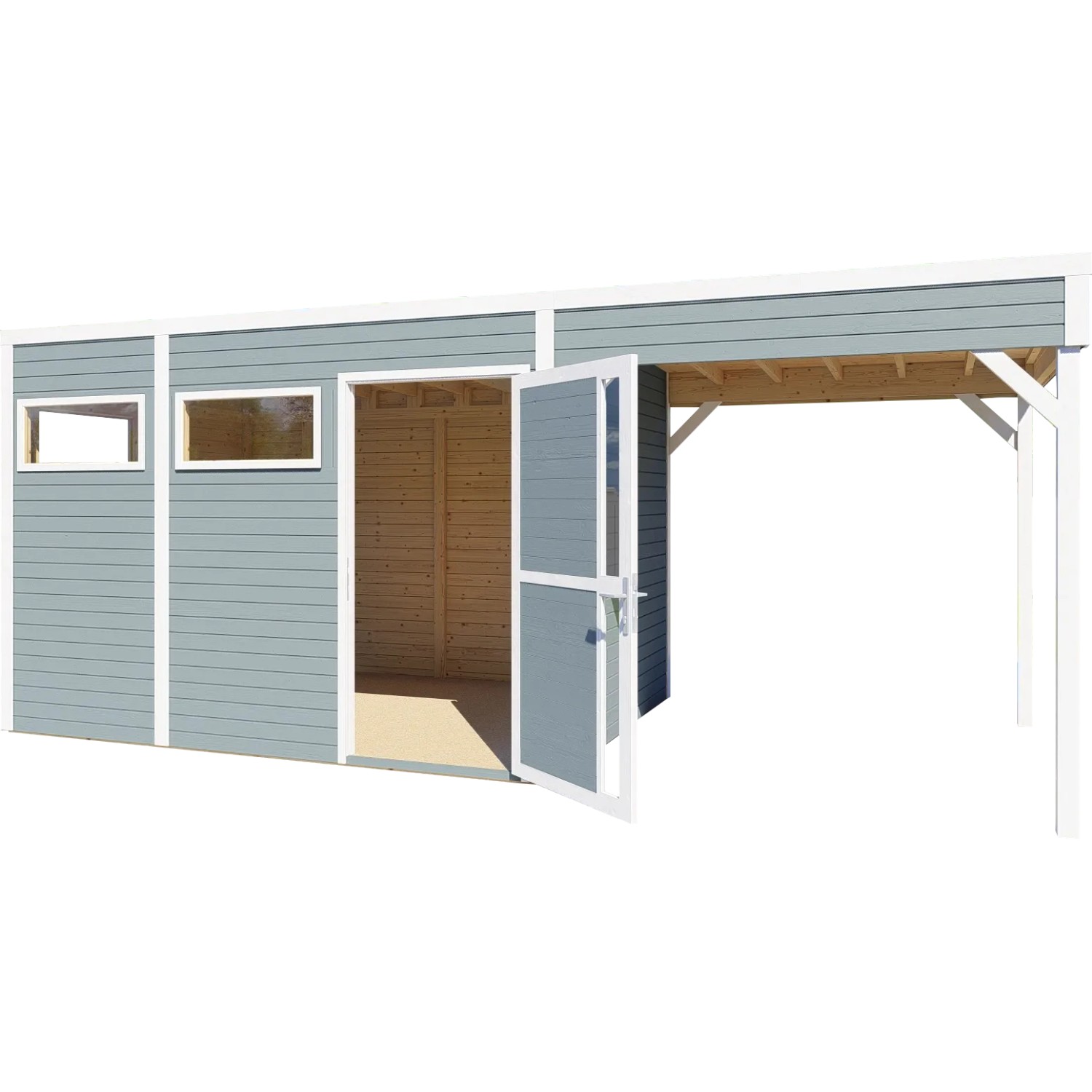 Bertilo Holz-Gartenhaus Cubus 3 Lounge, hellgrau, mit offener Doppeltür und Carport-Anbau.