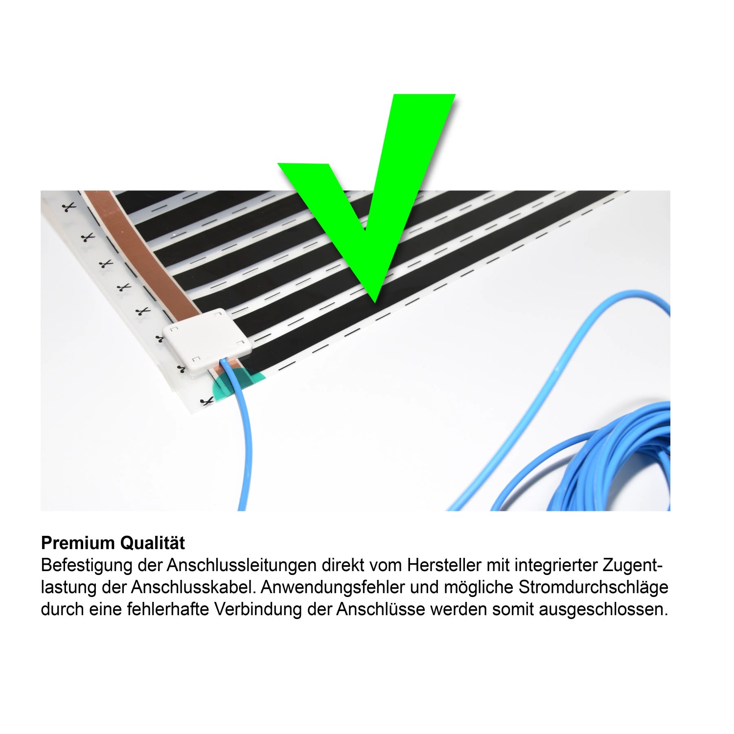 Heizfolie für Fußboden mit 130W/m², Detailansicht der elektrischen Anschlüsse.