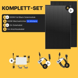 Solakon Balkonkraftwerk 1000W Solaranlage Steckerfertig Komplettset Photovoltaik Anlage 800W Kabellänge 5m