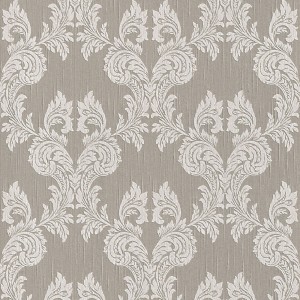 Elegante, graue Vliestapete mit silbernen Barock Ornamenten für Wohn- und Schlafzimmer.