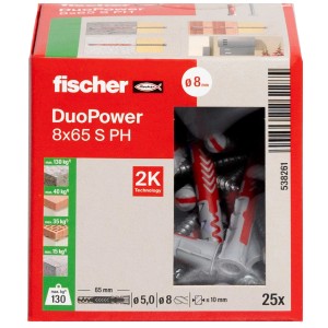 Fischer Universaldübel DuoPower 8x65 mm, 25er-Packung. Universaldübel für sicheren Halt in verschiedenen Baustoffen.
