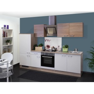 Flex-Well Küchenzeile Florida 270 cm in Sonoma Eiche/Weiß mit E-Geräten wie Herd, Kühlschrank und Dunstabzugshaube.
