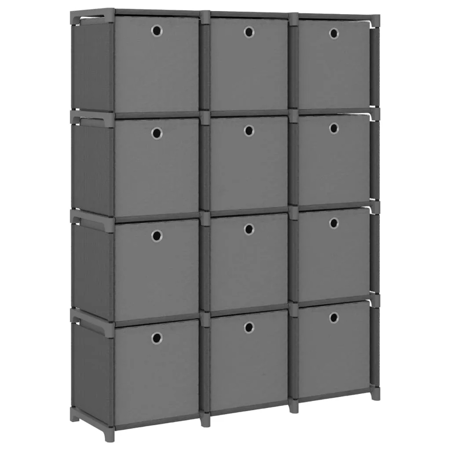Graues Würfelregal mit 12 Stoffboxen, ideal zur Aufbewahrung und als Wandregal.