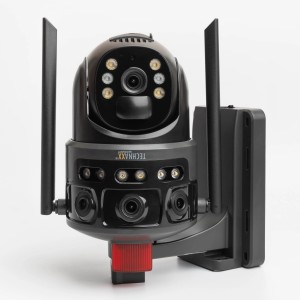 Technaxx 4G Dual Kamera TX-329 Outdoor, eine schwarze Überwachungskamera mit Solarpanel und Antennen.