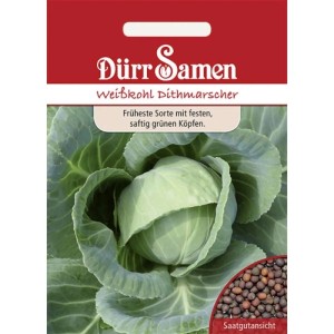 Dürr Samen Weißkohl Dithmarscher Saatgutpackung mit festem, grünem Kohlkopf und Samen.