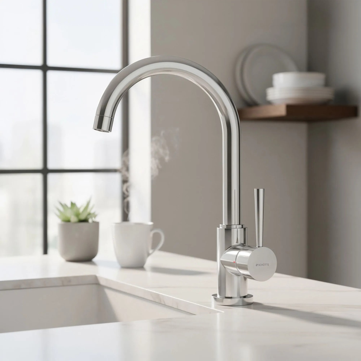 Schütte Spültischarmatur Cornwall Chrom, Einhebelmischer mit hohem, gebogenem Auslauf. Gebürstete Optik, Cold-Start-Funktion.