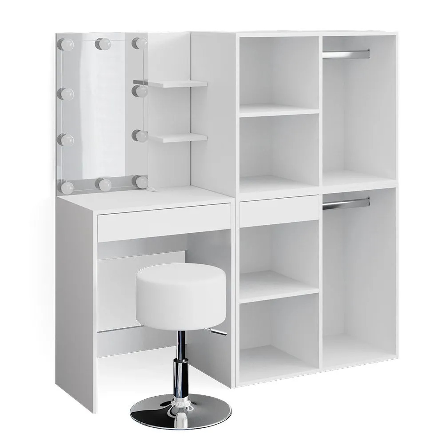 Vicco Schminktisch Isabelle Weiß 140 x 140 mit Spiegel, LED-Lichterkette, Hocker und 2 Anstellschränken