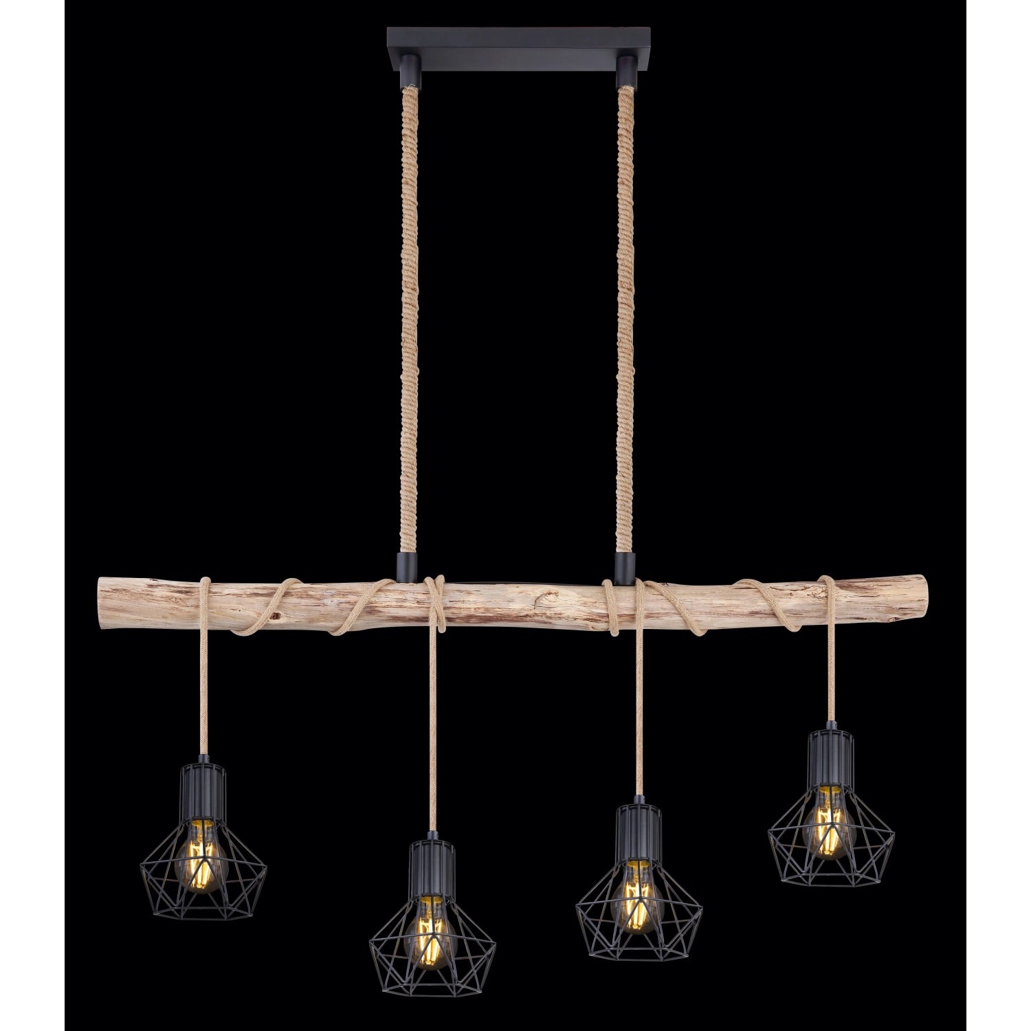 Globo Pendelleuchte Priska, 4-flammig, schwarz, mit Holz und Hanfseil Details.