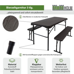 TRUTZHOLM Bierzeltgarnitur 3 Teilig Klappbar Länge 107cm Gartenmöbel Grau