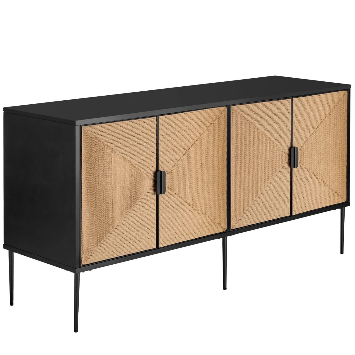 Tectake Sideboard Juna Im Boho Stil  Holzkorpus Mit Fronten In Jute Optik 2 Fächer Mit Magnettüren und Zwischenböden  47 x 150 x 77 cm Schwarz Braun
