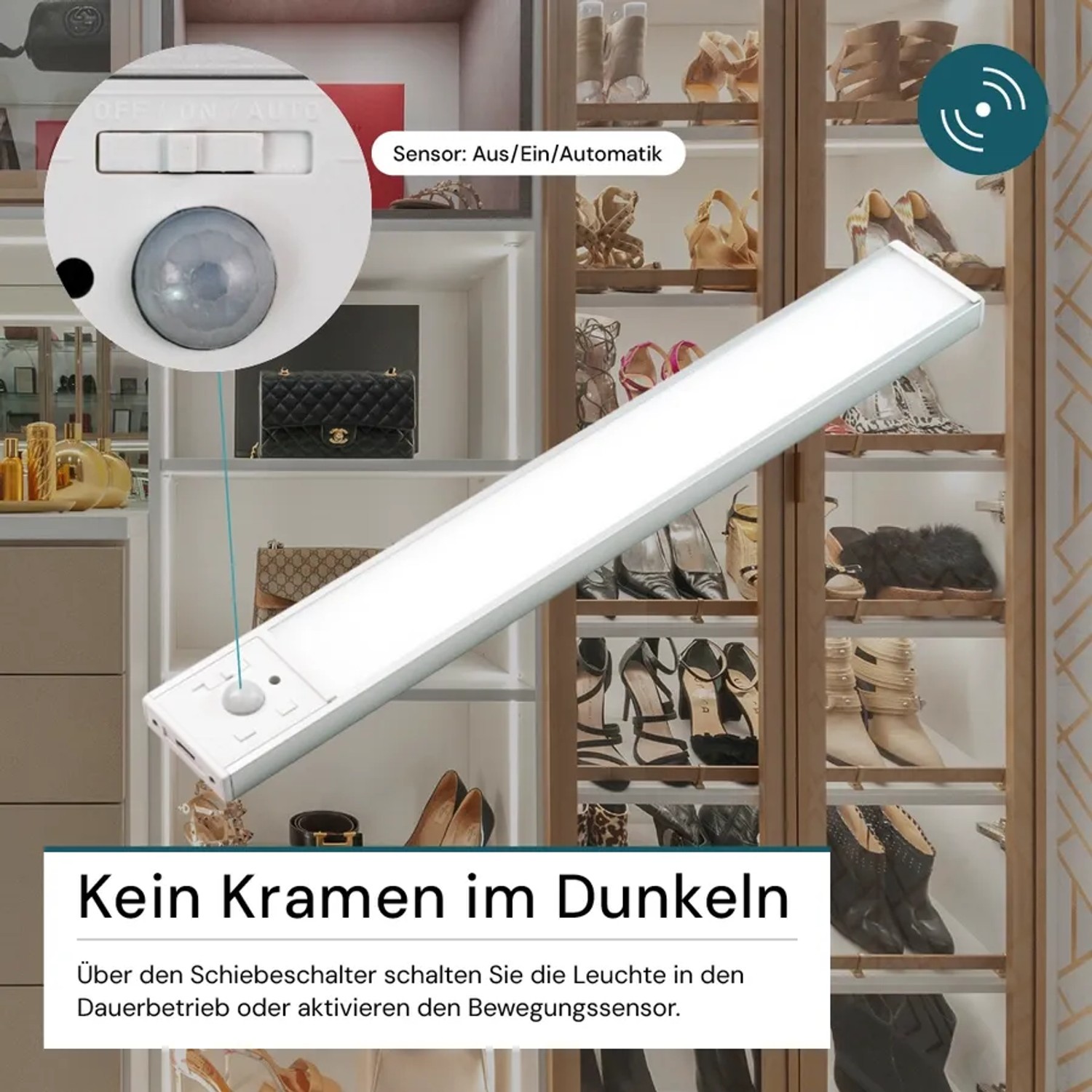 LUXULA LED Unterbauleuchte mit Akku, silber, im Kleiderschrank mit Bewegungsmelder.