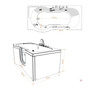 Skizze der AquaVapore Seniorenwanne mit Tür & Whirlpool S12-AIR-R, 85x170cm, mit Maßen.