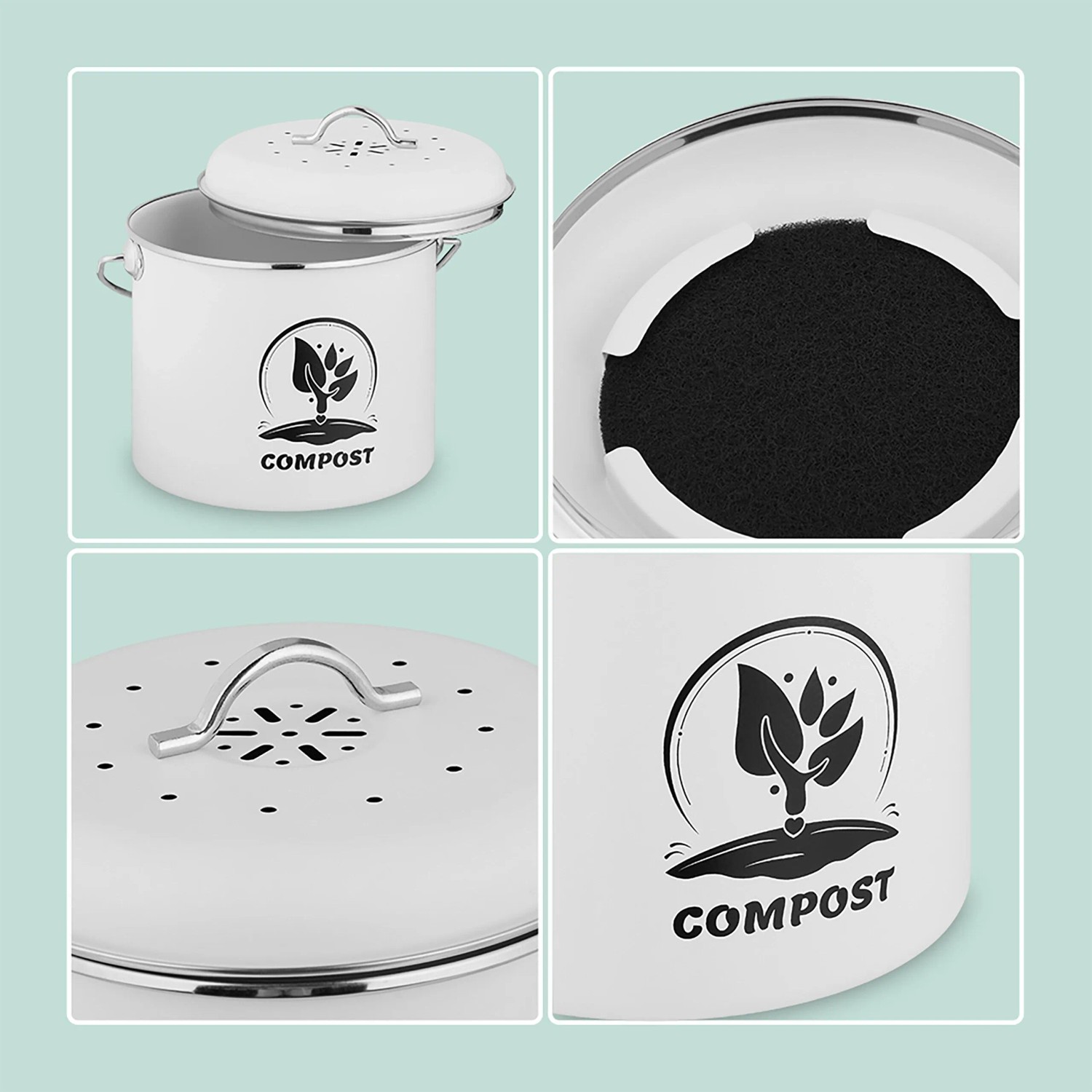 Weißer Metall Komposteimer mit Deckel, Griff und Aktivkohlefilter. Zeigt 'COMPOST' Logo und Belüftungslöcher für Küchenabfälle.