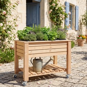 HolzFee Primus Tisch-Pflanzkasten aus Lärche mit Rollen, bepflanzt mit Kräutern, auf Terrasse.